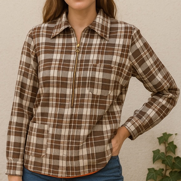 Vintage H.M.S. Classics Plaid Shirt | 70s Brown Zip Front  | Fortrel‎ Polyester - Picture 1 of 9